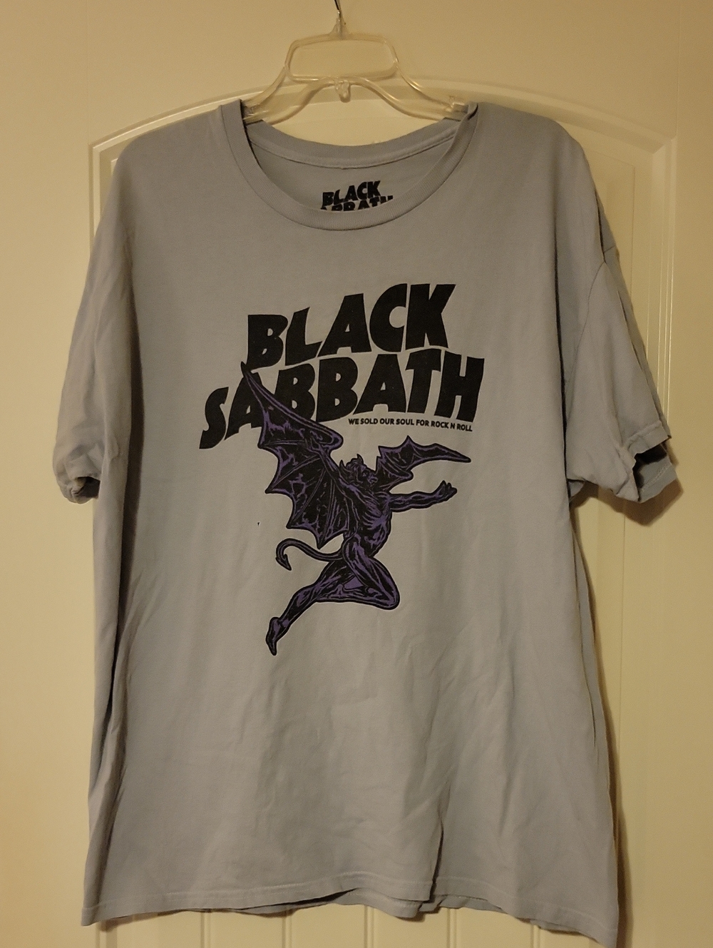 Black Sabbath Graphic Tee - Light Gray with Purple Print. See Pics For Hole Sz L